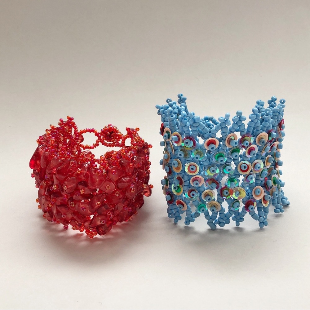 Blue and Red Woven Bead Cuff Bracelets